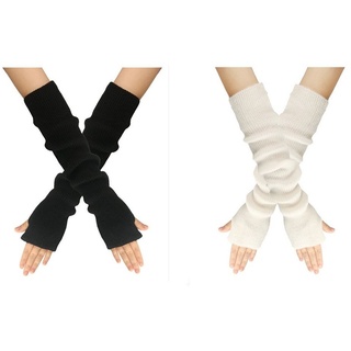XDeer Strickhandschuhe 2 Paar Lange Fingerlose Handschuhe,Winter Stricken Halbfingerhandschuhe Armstulpen mit Daumenloch für Damen weiß
