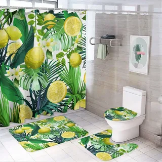 fifbird Duschvorhang-Set mit tropischen Früchten, Zitrone, abstrakte exotische Blume, Zitronenpalmenblätter, Badezimmer-Dekor-Set mit Teppichen, inklusive rutschfestem WC-Deckelbezug, Badematte,