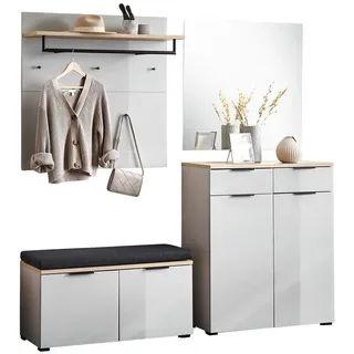 Voleo Garderobe NEW York, Eiche, Kaschmir, Glas, Textil, Holzwerkstoff, 5-teilig, 200x197x40 cm, Made in Germany, Garderobe, Garderoben-Sets & Serien, Garderoben-Sets