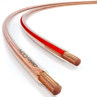 deleyCON 50m Lautsprecherkabel 2x 1,5mm2 OFC Kupfer - Transparent | Reines Kupfer, OFC Speaker Cable, Audio Boxenkabel für HiFi Lautsprecher & Surround, Polaritätskennzeichnung