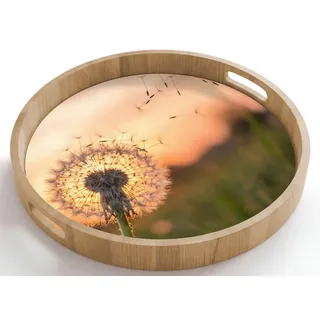 OnlyWow Tablett Rund mit Henkel Löwenzahn - Sonnenuntergang - Feld, Eichenholz, (1-tlg), Servierbrett Groß, Tischdeko, Platte, Tisch Deko 50 cm x 50 cm x 5 cm