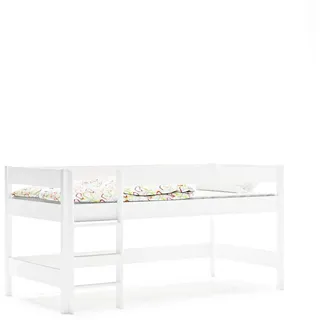 Hochbett 160x80 Kinderbett mit Rausfallschutz & Lattenrost weiß 80 x 160 für Mädchen und Jungen Massivholz Kiefer und MDF Möbelplatte, - Weiß