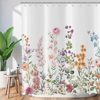 Hnmdmyi Duschvorhang Blumen 180x200, Bunte Blumen Grünes Blätter Duschvorhänge Aquarell Wildblume Pflanze Botanisch Badewanne Vorhang Wasserdicht Polyester Stoff Waschbar Badevorhang mit Haken