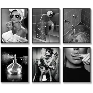 Modische Wandkunst, Badezimmer-Wanddekor-Drucke, Set mit 6 schwarzen und weißen Glitzer-Leinwandpostern, Fotos, Bilder, Badezimmer, Kunstwerk, Wand, moderne Frauen, lustige Badezimmer-Dekoration