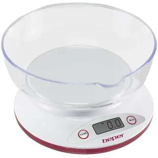 BEPER BP.802 Digitale Küchenwaage, abnehmbare transparente Schüssel, feste und flüssige Lebensmittel, hochpräziser Sensor, bis zu 5 kg, LCD-Display, Gramm- und Libre-Einheit, Weiß/Rot