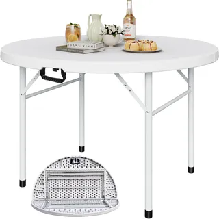 YITAHOME 122cm Runder Klapptisch mit Tragegriff Wetterfest für Outdoor/Indoor, Tragbarer Campingtisch mit Metallrahmen, Kunststoff Gartentisch mit 4cm Tischplatte für Party, Camping, Grill, Weiß