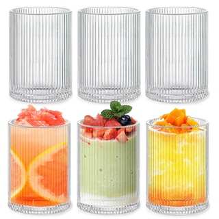 MSYU 6 Stück Gerippte Glaswaren Trinkgläser, 280ml Klar Kristall Gläser Set, Origami Stil Kristall Gläser Geriffelte Glaswaren für Coocktail Whiskey Saft Wasser