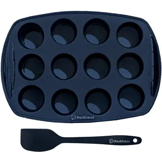 Backhaus Mini-Muffinform Silikon 12 Mulden, ergonomische Griffe, LFGB-zertifiziert, antihaftend, ofen- und spülmaschinengeeignet – Schwarz