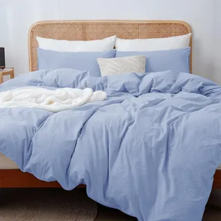 ATsense Bettwäsche 155x220 Baumwolle 2teilig, Stonewashed Bettwäsche-Sets Hellblau Ähnlich wie Leinen, Oeko-TEX, Hypoallergen und Atmungsaktiv, 1 Bettbezug und 1 Kissenbezug 80x80