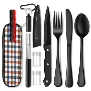 Reisebesteck-Set 1 Stück, Edelstahl-Besteck Mit Etui, Für Camping Büro Picknick - Schwarz