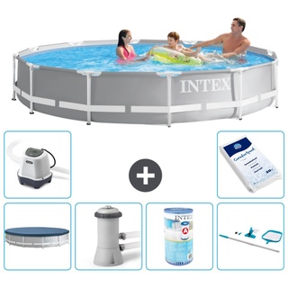 Intex Pool mit rundem Prismenrahmen – 366 x 76 cm – Grau – im Lieferumfang enthalten Abdeckung - Filterpumpe für Schwimmbad - Filter - Reini...