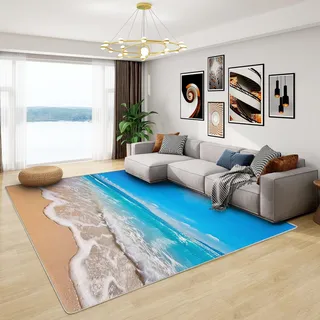 Teppich Strandmotiv - Teppich Wohnzimmer Schlafzimmer Strand und Meer, Kleiner Teppich Ozean, Weich Kurzflor & Waschbar & rutschfest Fussmatte Innen, Kinderteppich 60x90 cm