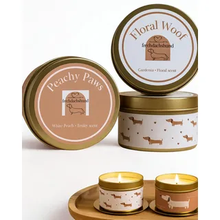Frechdachshund Mini-Duftkerzen Geschenkset - 2er Set Sojawachs Kerze im Glas mit Dackelmotiv, Kerze mit Schmuck, 20h Brenndauer, ideal für Entspannung und Dekoration