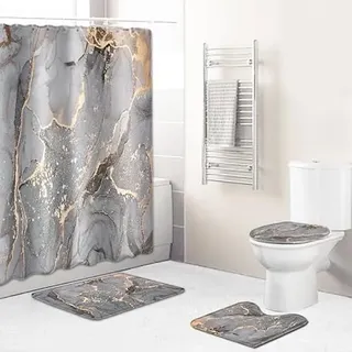 Badematten & Badteppiche Set 4 Teilig Badezimmerteppich Waschbar Badematte rutschfest,Wc Vorleger Mit Ausschnitt Badematte Und Duschvorhang,Badvorleger Toilette Teppich 50×80Cm Braun Grau