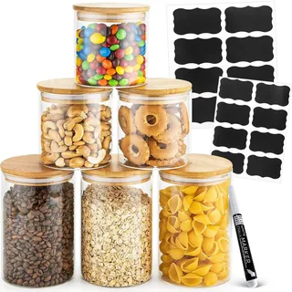 Mehrweg-Vorratsgläser mit Bambus-Deckel - 6er Set - Luftdicht, für Spülmaschine, Mikrowelle - Zur Aufbewahrung, als Keksglas, Dekoration, etc. -...