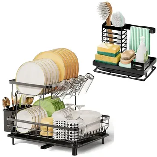 Refined Living Geschirrständer Geschirrständer & Spülbecken Organizer Set – 2in1 Küchenhelfer Set, Zubehör für Zubehör für Geschirrabtropfer mit Abtropfwanne, Geschirr-Abtropfgestell, Abtropfgestell Küche,Spülbecken Organizer Küchen, Spüllappenhalter mit Abflusspfanne,Schwammhalter, Spülmittel Halterung Küche, Geschirrständer für die Küchenarbeitsplatte mit 360° Abfluss abnehmbarem, platzsparend & langlebig, rostfrei, für Küche,Bad,Küchentheke,Spülbecken,Effizienten Trocknen,Wohnungen schwarz