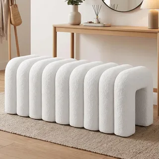 skølm Selitha Sitzbank U-Form, Polsterbank 100cm, Teddy Bouclé, Creme-weiß | Modern geriffelte Bettbank, bequem gepolstert & weicher Stoff, Polsterbank zum Sitzen, Ablagebank für Ankleide-/Schlafzimmer