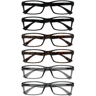 OPULIZE PEP Lesebrille für Damen und Herren - 6er Pack- Große Rechteckige Brille - Komfortable Federscharniere - Kratzfest - Schwarz Braun Grau +2.00