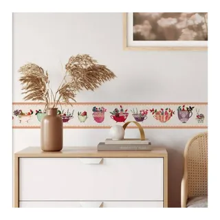 K&L Wall Art Wandtattoo Bordüre Leffler Esszimmer Tassen Blumen Küche floral Dream Cups, Akzentleiste selbstklebend, entfernbar bunt 3 cm x 10 cm