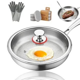 fjaldjfu Titanium Pro Pfanne, Titan Bratpfanne ,26/28/30 Cm Titan Pfanne Unbeschichtet,Titanpfanne FüR Alle Kochfelder (26cm,mit Deckel)