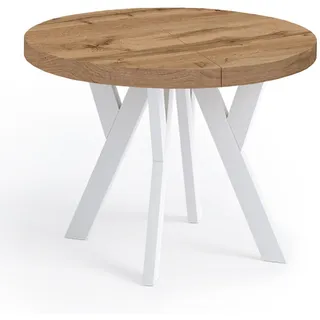 dekori.interiors Runder Ausziehbarer Tisch 100 x 75 x 100 cm Eiche Wotan/Weiß