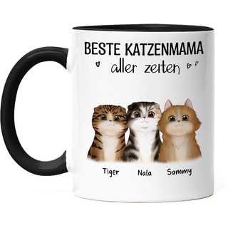 Kiddle-Design Katzenbesitzer Tasse Schwarz Personalisiert Geschenk Katzenmama Katzenliebhaber Katzenmotiv Spruch Name Katzenfreund Haustier 3 Katzen