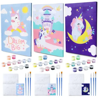 BONNYCO Malen nach Zahlen Kinder Einhorn 3 Stück. Einhorn Geschenke für Mädchen Junge, Bastelset Kinder. Malen nach Zahlen mit Rahmen, Paint by Numbers. Bastelset Mädchen 6 7 8 Jahre, Kreativ Set