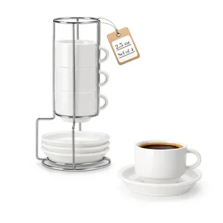 MALACASA Espressotassen 4er Set, 75 ml Espresso Tassen Dickwandig mit Untertassen & Ständer, Stapelbar Italienische Espressobecher aus Weißem Porzellan, Spülmaschinengeeignet, Serie Regular