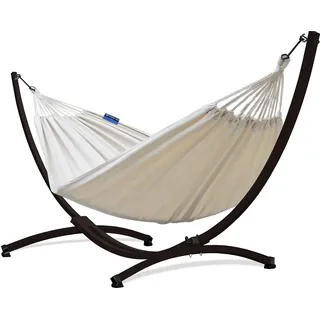 Potenza Outdoor Hängematte mit Gestell für 2 Personen I Baumwolle Doppelhängematte XXL 220x160, 200kg I Hängemattengestell 220kg, wetterfest (Ecru, Gestell Braun)