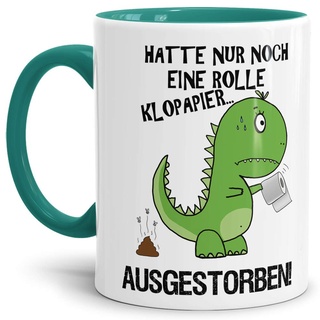 Tasse lustig mit Spruch - T-REX Kein Klopapier - Geschenk-Idee/Kaffeetasse/Büro/Arbeit/Virus/Dino-Saurier - Innen & Henkel Türkis