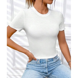 RMK T-Shirt Damen Shirt Top elegant kurzarm Rundhals Ausschnitt aus halbgekämmter Baumwolle, in Unifarbe weiß