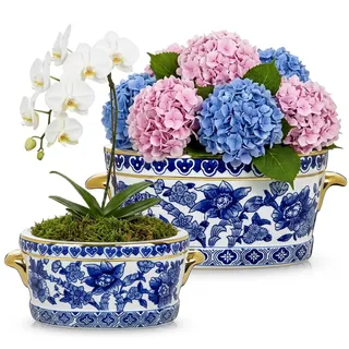 2er Set Blau-Weißer Keramikvase– Ovaler Übertopf im Porzellan-Stil mit Blumenmuster und Goldrand – Dekorative Schale Pflanztopf für Zimmerpflanzen, Orchideen & Kunstblumen – 19 cm und 27 cm