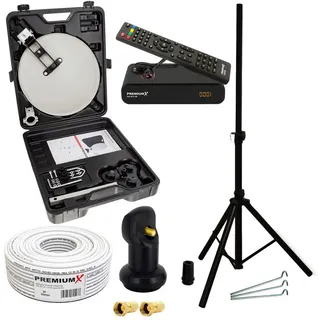 PremiumX Camping Satelliten Anlage SAT Antenne Stativ HD TV Receiver Single LNB 10m Kabel F-Stecker im Koffer Camp Zubehör