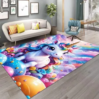 PEIHUODAN Einhorn-Teppich Für Mädchenzimmer, Anime-Cartoon, Rosa Regenbogenpferd, 3D-Druck, Weicher Flanell, Waschbar, rutschfest, Kinderzimmerdeko (Farbe 4,160x200cm)