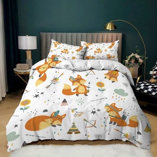 SUKPDJO Cartoon-Fuchs Bettbezug für Kinder Erwachsene ,Kinder Bettwäsche Waldtiere,Niedlich Cartoon Fuchs Muster Bettbezug mit Reißverschluss (C,135 x 200 cm)