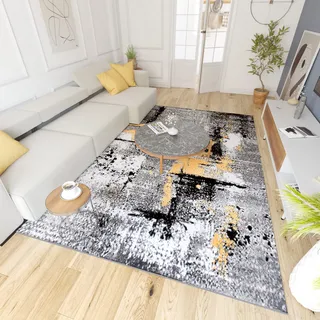 Mazovia Modern Teppich - Kurzflor - Teppich für Wohnzimmer, Schlafzimmer, Esszimmer - ÖKO-TEX Wohnzimmerteppich, Robust und pflegeleicht, Niedrige Florhöhe - Grau Gelb 300 x 400 cm
