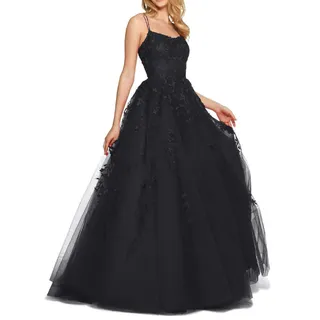 RUNBOO Damen Lang Tüll Prinzessin Ballkleider mit Appliques Spaghetti Rückenfrei Größe 38 Schwarz - 38