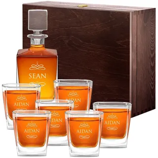 Maverton Whiskey Dekanter 810 ml + 6er Whisky Gläser Set mit Gravur - personalisiertes Whisky Karaffe Set für Männer - Glas Karaffe mit Gläsern für Whiskygenießer - Name