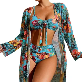 DeaAmyGline 3 Teilig Bikini Damen Set, Badeanzug Damen mit Bikini Cover Up Brazilian Style Bikini Push Up Elegant Boho Drucken High Waist Bikini-Sets Sonnenschutz Kimono Bademode Badeanzüge Swimsuit