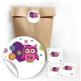 12 Party-Tüten aus Kraftpapier mit 12 Aufkleber für Geschenke Mitgebseln beim Kindergeburtstag Eule/Hochzeit/Geburtstag/Kinderfest/Papier-Tüten für Geschenkverpackung
