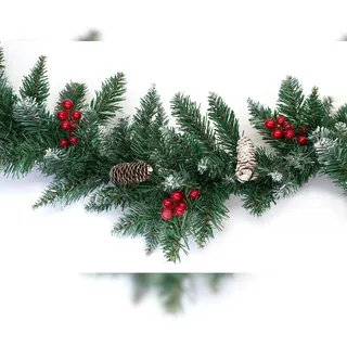 Creativery 2m künstliche Tannengirlande ca. 25cm beschneit mit roten Beeren Zapfen Schnee dekoriert für Innen Außen Outdoor Indoor Weihnachtsgirlande Dunkelgrün