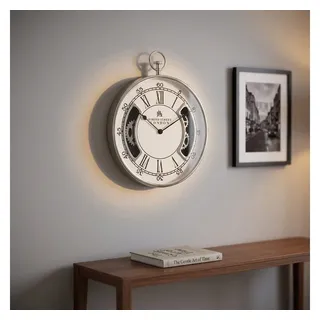 Antikas Wanddekoobjekt Wanduhr Taschenuhr-Design, rund, silbern glänzend, hochwertig weiß