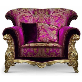 Casa Padrino Luxus Barock Sessel Lila / Gold - Barockstil Wohnzimmer Sessel mit elegantem Muster - Barock Möbel - Barock Wohnzimmer & Hotel Möbel - Luxus Qualität - Made in Italy