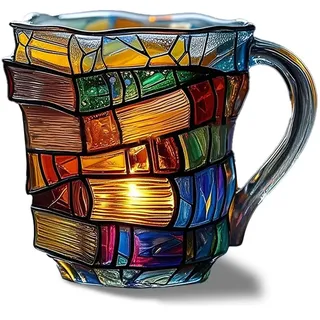 CYANLUX Bemalte Buchtasse, Neuartige 3D bemalte Bücher Kaffeetasse, Handgefertigte bunte Glas-Bücherstapel-förmige Kaffeetasse Geschenke für Buchliebhaber Leser Bibliothekare Schriftsteller (Farbe C)