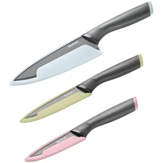 Tefal Slicy 3-tlg. Messer-Set (Kochmesser 15 cm, Universalmesser 12 cm, Schälmesser 9 cm), antihaftbeschichtete Edelstahl-Klinge + Titanverstärkung, Soft Touch Griff, Schwarz/Pastellfarben, K431S304