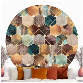 Bilderdepot24 Mustertapete rund Abstrakt Türkise Geometrie goldenes Art Deco Tapete, Glatt, Matt, (Vliestapete selbstklebend), Wohnzimmer Schlafzimmer Küche gemusterte Wandtattoo Klebe Wandtapete goldfarben 50 m x 50 m