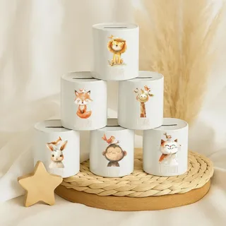 wolga-kreativ Personalisierte Spardose mit Namen – Tiermotive Löwe Fuchs Giraffe Bär – Kinder Spardose Keramik – Geschenk zur Taufe & Geburt – Sparschwein Kinder – Taufgeschenk Junge & Mädchen