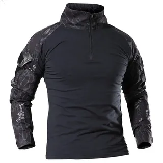 Herren Military Tactical Langarm Shirt Atmungsaktiv Jagd Combat T Shirts Schnell Trocknen Outdoor Tops 1/4 Front Zip Camouflage Airsoft Shirts - L