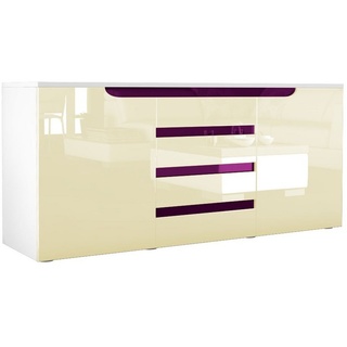 Vladon Sideboard Sylt (Kommode, mit 2 Türen und 4 Schubladen), Weiß matt/Creme Hochglanz/Brombeer Hochglanz (139 x 72 x 35) gelb