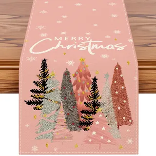 Sungeek Weihnachten Tischläufer, Weihnachtstischdecke Küche Esstisch Dekoration Weihnachtsbaum Merry Christmas Tischläufer für Party Wohnzimmer Garten Weihnachtsdeko (40x140 cm, Rosa)